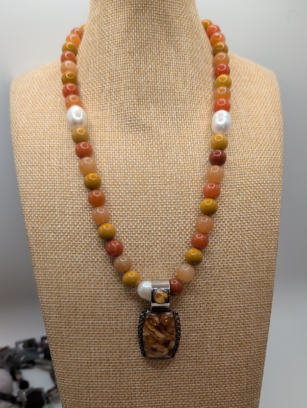Handcrafted Multicolor Agate & Pearl Pendant Necklace - Yellow/Orange